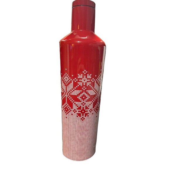 Rare Corkcicle Fairisle Red Canteen 25oz Red & White Snowflake Pattern with Lid - Picture 2 of 8